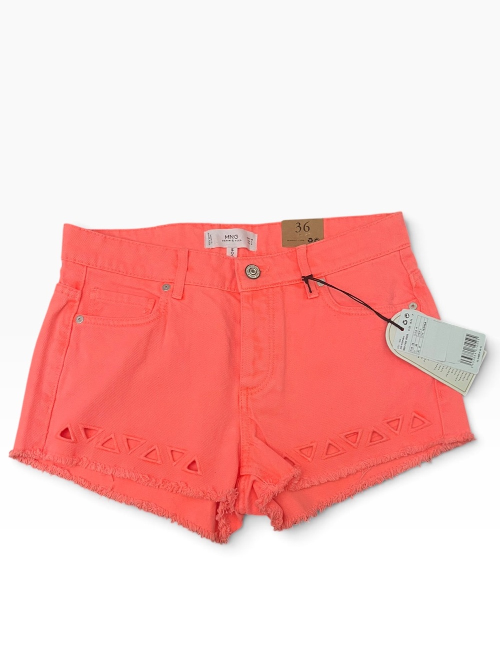 Authentic Mango MNG Neon Coral Orange Pink Denim Cut-Off Shorts - Size 36